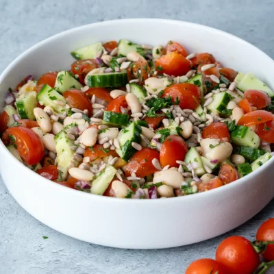 Mediterraner weiße Bohnen Salat in weißer Schale