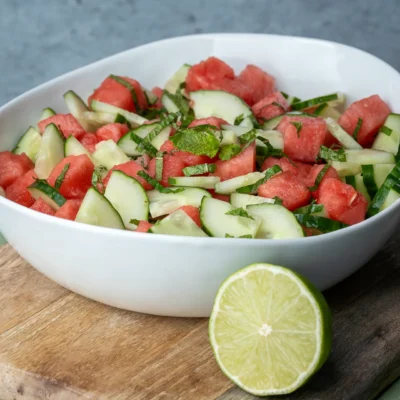Wassermelonen-Gurken-Salat mit Minze und Limette in einer weißen Schale auf einem Brett