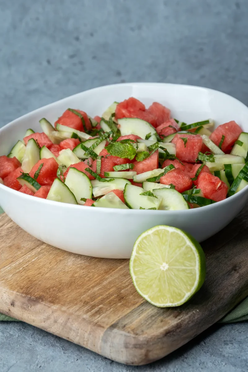 Wassermelonen-Gurken-Salat mit Minze und Limette in einer weißen Schale auf einem Brett
