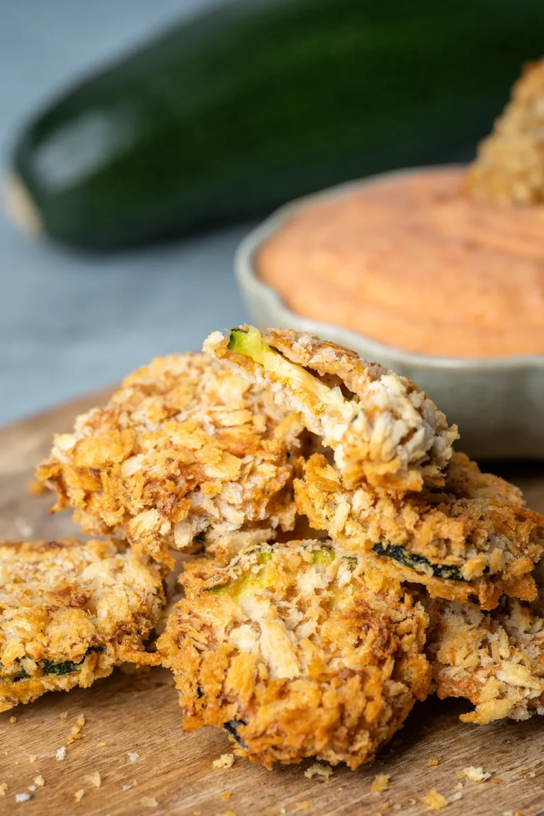 Knusprige Zucchini-Scheiben aus dem Airfryer auf einem Brett