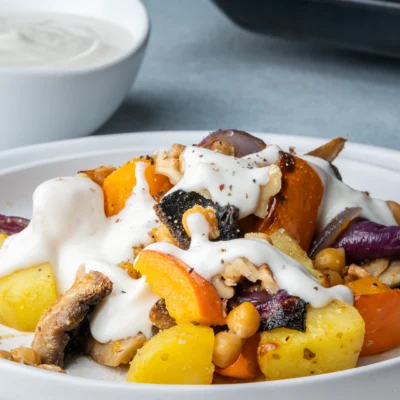 Kürbis-Kartoffel-Blech mit Kichererbsen und Knoblauchjoghurt auf einem weißen Teller neben dem Blech