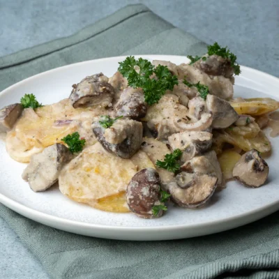 Veganer Kartoffel-Champignon-Auflauf ohne Sahne auf einem hellen Teller