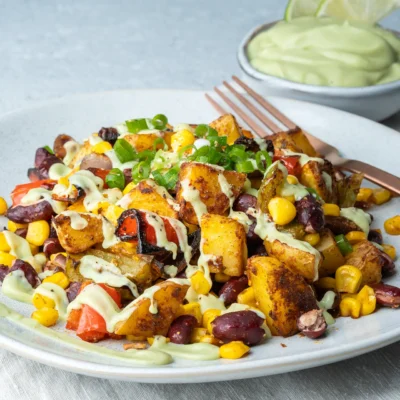 Mexikanisches Kartoffelblech mit Avocado-Limetten-Creme auf einem Teller