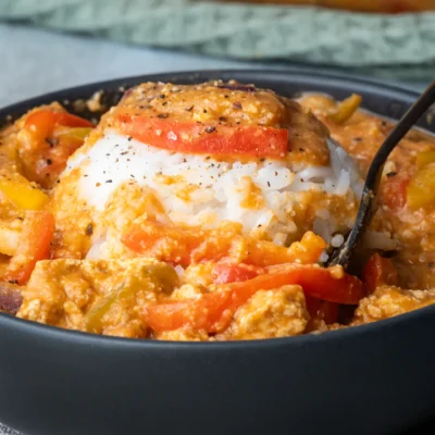 Startseite 5 Veganes Paprika-Sahne-Hähnchen mit Tofu und Reis in einer schwarzen Schale