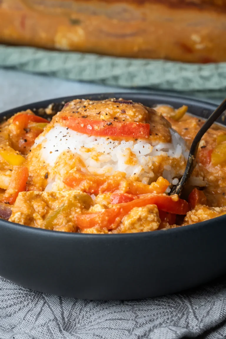 rezept-vegan-paprika-tofu-ofengericht Veganes Paprika-Sahne-Hähnchen mit Tofu und Reis in einer schwarzen Schale