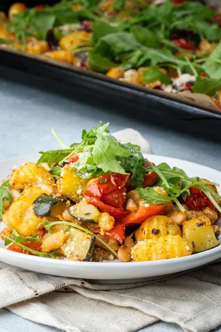 Mediterranes Gnocchi-Blech auf einem Teller mit Rucola getoppt