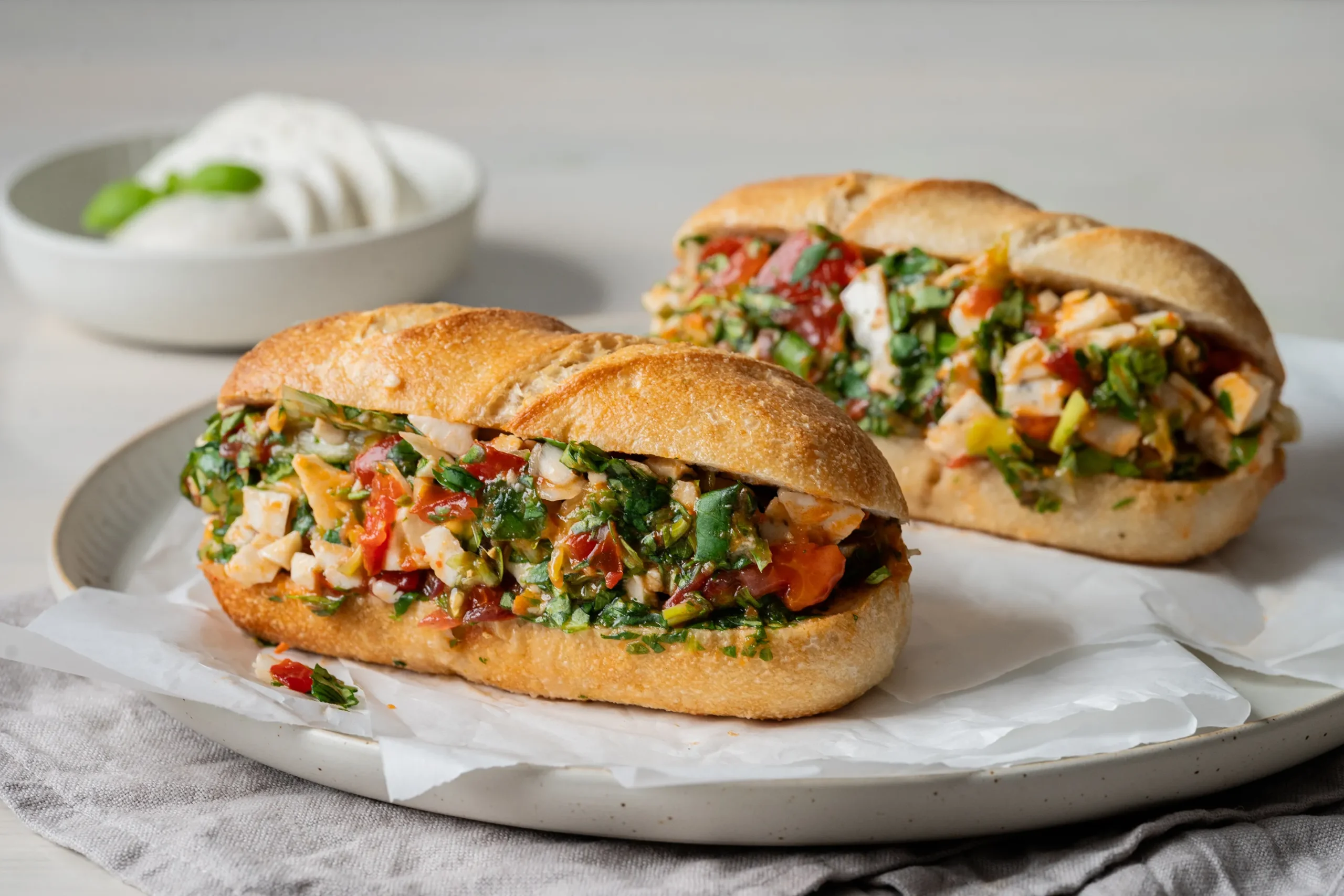 Zwei Chopped-Baguettes mit Spinat und Mozzarella auf einem hellen Teller mit weißem Backpapier