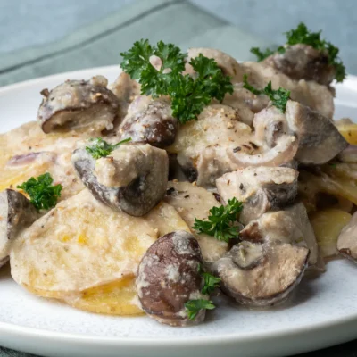 Kartoffel-Champignon-Auflauf in cremiger Knoblauchsoße 4 Veganer Kartoffel-Champignon-Auflauf auf einem hellen Teller